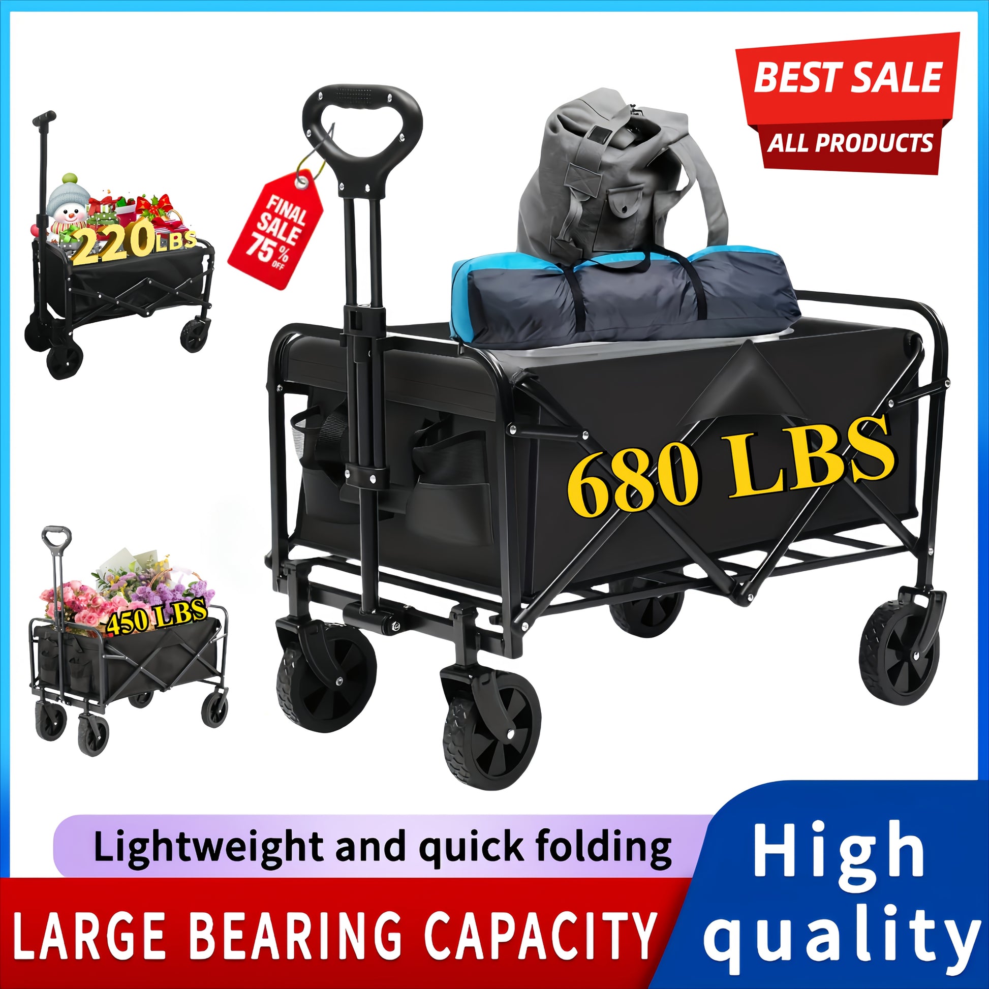 Heavy Duty Folding Cart Heavy Duty All Terrain Folding Cart 220LBS 450LBS 680LBS  Large Capacity Camper Utility Cart for Yard Shopping Sports Outdoor Gardening Equipment  Black Multifunctional